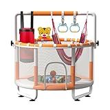 KINETRA 55" Kids Indoor Trampoline with Safety Net, Adjustable Gymnastics Bar & Toys – Indoor/Outdoor Toddler Play Gym for Boys & Girls Ages 3+, Birthday Gifts (White (Powder-Coated))