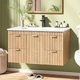 Vabches 30 Inch Fluted Bathroom Vanity with Ceramic Sink Combo, Floating Modern Bathroom Vanity Cabinet with 4 Storage Darwers, Wall Mounted Wood Grain Vanity with Storage Cabinet, Oak