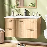 Vabches 30" Fluted Bathroom Vanity with Ceramic Sink Combo, Floating Modern Bathroom Vanity Cabinet with Soft-Closing Doors, Wall Mounted Wood Grain Vanity with Storage Cabinet, Oak