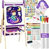 Belleur All-in-One Art Easel for Kids, Adjustable Double Sided Easel for Toddlers with Magnetic Whiteboard & Dry-Erase Chalk Board & Paper Roll, Child Painting Easel for Kid 2-8 Birthday Gift-Purple