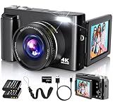 4K Digital Camera for Photography Autofocus, 2025 Latest 48MP Vlogging Camera for YouTube with SD Card, 2 Batteries, 3" 180°Flip Screen Compact Travel Camera for Teens with 16X Zoom, Anti-Shake,Black