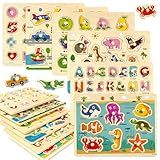 edutree Wooden Peg Puzzles for Toddlers 2-4, 6 Pack Educational Peg Puzzles Montessori Toys, Learning Puzzles for Kids Girs Boys 1-3 3-5 with Alphabet Number Animal Vehicle Shape