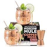 Benicci Moscow Mule Copper Mugs - Set of 2, 100% HANDCRAFTED - Food Safe Pure Copper Solid Mugs - 16 oz Gift Set with Premium Quality Cocktail Straws, Straw Cleaning Brush and Jigger!