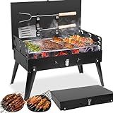 Portable Charcoal BBQ Grill Kit, Foldable Camping Grill for Outdoor Cooking, Compact Design with Barbecue Tools, Perfect for Beach, Backyard, Picnics (Black)