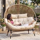 NICESOUL® Double Egg Chair Indoor Outdoor Stationary Oversized 6.5" Thick Padded Cushions,2 Person Egg Wicker Loveseat Chair, Extra Large Lounge Chair for Patio Balcony Porch Backyard Beige