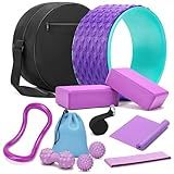 THYWD Yoga Wheel Set, Wheel Foam Roller with Back Cracker Roller for Pain Relief & Deep Tissue Massage and Stretching 500lbs Capacity, Trigger Point Therapy Massage Ball, Yoga Blocks 2 Pack with Strap