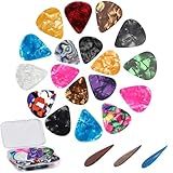 21 Pack Guitar Picks with Organizer Storage Box, 3 Different Thickness Colorful Celluloid Guitar Picks Plectrums for Acoustic Guitar, Electric Guitar, Bass, Ukulele