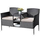 Flamaker Outdoor Furniture Patio Loveseat Wicker 2-Seat with Built-in Table and Cushions Rattan Porch Chairs Bench for Balcony, Lawn, Backyard (Beige)