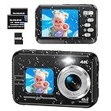 4K Underwater Camera with 64GB Card, 11FT Waterproof Camera Dual-Screen Selfie Underwater Cameras for Snorkeling 16X Digital Zoom Waterproof Digital Camera 2 Batteries (Black)