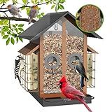 FlowaFoli Bird Feeders for Outdoors, Metal Bird Feeder with Double Suet Cage Weatherproof Metal Roof, 2 in 1 Mixed Seeds Suet Feeder, 4Lbs Large Capacity, Great for Finch、Cardinal、Chickadee(Brown)