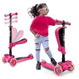 Hurtle 3 Wheeled Scooter for Kids - 2-in-1 Sit/Stand Child Toddlers Toy Kick Scooters w/ Flip-out Seat, Adjustable Height, Wide Deck, Flashing Wheel Lights, For Boys/Girls 1 Year Old+ (Pink)