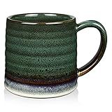 RELEDESA 18 Oz Large Ceramic Coffee Mug, 500ml Big Handmade Pottery Tea Cup for Office and Home, Big Handle Easy to Hold, Microwave and Dishwasher Safe, Stylish Texture Glaze (Ink Green)