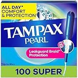 Tampax Pearl Tampons for Women, with LeakGuard Braid, Super Absorbency, Unscented, 100 Count (2 Packs of 50)