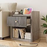 IRONCK Nightstand with Charging Station, 26.5" Tall Large Night Stand, Wood Fluted End Table with Drawer and Shelf, 22.8" Wide Side Table with Storage for Bedroom