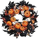 Sggvecsy Halloween Wreath with Artificial Pumpkin Handmade Black Maple Leave Skull Pumpkin Orange Berries 20''Front Door Decorations for Indoor Outdoor Home Halloween Festival Decoration