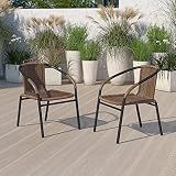 EMMA + OLIVER Brown PE Rattan Stackable Patio Dining Chair, 2-Pack