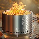HGD 27.5" Smokeless Fire Pit with Stand & Grill Rack, Large Stainless Steel Wood Burning Firepit with Secondary Combustion, Backyard Patio Stove for Outdoor, Garden, BBQ & Bonfire (Silver)