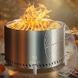 HGD 28" Smokeless Firepit with Stand & Grill Rack, Large Stainless Steel Wood Burning Fire Pit for Friends & Family Gatherings, Secondary Combustion Outdoor Patio Stove for BBQ & Bonfire
