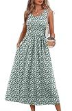WIHOLL Casual Dresses for Women Sleeveless Scoop Neck Flowy Spring Midi Dresses for Women Sun Dress Beach Vacation Maxi Summer Dress Sundresses for Women Green Floral L
