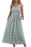 WIHOLL Casual Dresses for Women Sleeveless Scoop Neck Flowy Spring Midi Dresses for Women Sun Dress Beach Vacation Maxi Summer Dress Sundresses for Women Green Floral L