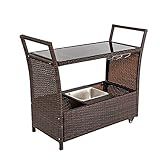 Bonnlo Wicker Outdoor Bar Cart with Wheels and Ice Bucket, Outdoor Bar Table Serving Cart Rattan Bar Cart with Glass Top and Wine Glass Holder for Pool, Party, Backyard, Porch