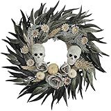 BINFEN 24" Snakeskin Leaves Halloween Wreaths for Front Door with Skulls Flowers and Pumpkins - Gothic Party Black Halloween Porch Wall Door Decor