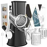 Cambom Rotary Cheese Grater Hand Crank Cheese Shredder for Fresh Cheese, Vegetable, Nuts,Non-slip Suction Base, Free Cleaning Brush Three Blades, Black