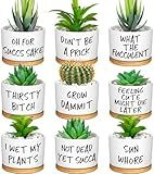 Domensi 9 Pcs Funny Succulent Pots Cute Aloe Cactus Planter with Bamboo Tray Ceramic Accessories White Mini Flower Drainage Tray Pots Indoor Outdoor Plants Birthday Gifts Housewarming Women Coworker