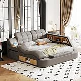ModaWhly Smart King Bed Frame, Gray Multifunctional Bed with Massage Recliner, Modern Luxury Bed Frame with Music Speaker, USB Charging Station, Adjustable Headboard, Bedroom Furniture