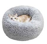 BODISEINT Modern Soft Plush Round Pet Bed for Cats or Small Dogs, Mini Medium Sized Dog Cat Bed Self Warming Autumn Winter Indoor Snooze Sleeping Cozy Kitty Teddy Kennel (20'' D x 8'' H, Light Grey)