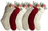 18" Unique Burgundy and Ivory White and Khaki Knit Christmas Stockings Style3,Pack 6
