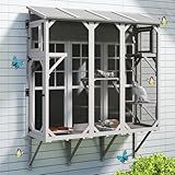 PetsCosset Cat Window Box,Wooden Window Catio for Indoor Cats,Expandable Outdoor Enclosure with 4 Platforms & 3 Doors,Secure Wall-Mounted Perch for Sunbathing, Play & Tunnel Connection,All-Weather Use