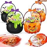 Fuutreo 50 Pcs Halloween Bags Plastic Halloween Goodie Bags with Handles Witch Cauldron Sealed Pouch Sealing Pumpkin Treat Pouch for Scary Holiday Trick or Treat Party Candy Gift Supplies Decoration