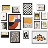 ANERZA 16 PCS Framed Eclectic Wall Art Decor, Modern Maximalist Wall Prints for Bedroom, Vintage Gallery Wall Frame Set, Bauhaus Funky Posters for Home Decor, Retro Abstract Dorm Collage Kit