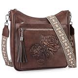 VIMUTI Crossbody Bags for Women Trendy Vegan Leather Hobo Purses for Women Embossed Flower Shoulder Handbags Bucket Bag (03-Coffee)
