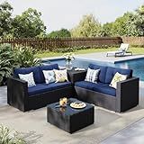 MFSTUDIO 4 Piece Wicker Patio Furniture Set, L Shaped Small Rattan Patio Sectional Sofa Couch Outdoor Conversation Sets with Navy Blue Cushions, Storage Box, Glass Coffee Table for Garden, Backyard