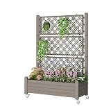 WTFGO Resin Raised Garden Bed with Trellis and Wheels - Plasitc Planter Box with Trellis Outdoor with Drainage Holes & Water Monitor for Climbing Plants, Flower, Gray(61.2" H)