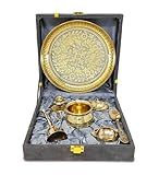 BENGALEN Brass Pooja Thali Set with Grey Gift Box 6 Inch Pital Plate Kalash Spoon Chandan Wati Dhup Dan Kuber Diya Ghanti Puja Arti Thali for Diwali Home Office Mandir Wedding Return Gifts