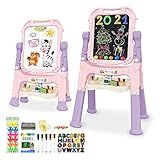 Mojitodon Art Easel for Kids, Adjustable Standing Rotatable Double Sided Easel with Painting Accessories for Toddlers Boys and Girls-Pink