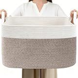 HZFTJOY 65L Laundry Basket with Handles, Woven Blanket Basket, White/Brown