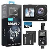AKASO Brave 7 Action Camera 4K30FPS 20MP with 64GB U3 MicroSDXC Memory Card, Waterproof Camera with Touch Screen IPX8 33FT EIS 2.0 Zoom Support External Mic Voice Control with 2X 1350mAh Batteries