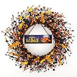 DIYFLORU 18 Inches Vintage Halloween Wreath Black Orange Berry Wreath Gothic Halloween Wreaths for Front Door with Glitter Bat for Window Wall Porch Holiday Hanging Decor