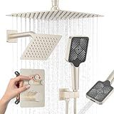 Iriber Thermostatic Shower System with Adjustable Water Flow Push Button Diverter, Square Dual Shower Heads Faucet Set with Handheld Spray, Brushed Nickel Shower Mixer Valve Trim Kit (Valve Included)