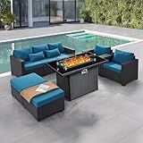 6 Pieces Outdoor Patio Furniture Sets with Furniture Cover, PE Rattan Wicker Patio Conversation Set with 60000 BTU Outdoor Propane Fire Pit Table(Peacock Blue, Fire Pit Table)