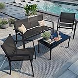 Shintenchi 4 Pieces Patio Furniture Set All Weather Textile Fabric Outdoor Conversation Set, with Glass Coffee Table, Loveseat, 2 Single Chairs for Home, Garden, Lawn, Porch（Black）