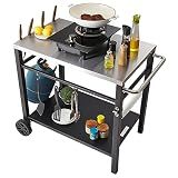 VEVOR Outdoor Grill Cart with Double-Shelf, BBQ Movable Food Prep Table with PVC Placemat, Black Iron Table Top, Portable Modular Carts for Pizza Oven, Worktable with 2 Wheels, Carry Handle
