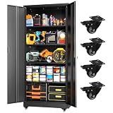 Greenvelly Metal Garage Storage Cabinet with 4 Swivel Wheels, 73" Black Storage Cabinet on Wheels, Rolling Tool Cabinet with Locking Doors and Shelves for Garage, Basement, Home, Warehouse