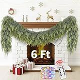 Cedar Christmas Garland with Lights for Mantle - Decorations 6 ft Realistic Lighted Faux Pine Garlands for Xmas Home Decoration Indoor Stairs Railing Fireplace Outdoor 6ft Prelit Garland Door Decor