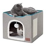 Bedsure Cat Beds for Indoor Cats - Large Cat Cave for Pet Cat House with Fluffy Ball Hanging and Scratch Pad, Foldable Cat Hideaway, 16.5x16.5x13 inches, Grey