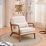 Karl home Accent Chair Mid-Century Modern Chair with Pillow Linen Fabric Upholstered Lounge Arm Chair with Solid Wood Frame & Soft Cushion for Living Room, Bedroom, Balcony, Beige